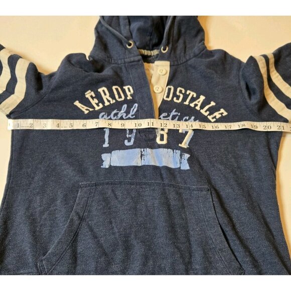 Aeropostale Y2K Hoodie XL Blue Embroidered 1987 Logo Button Kangaroo Stripe VTG - Picture 7 of 8